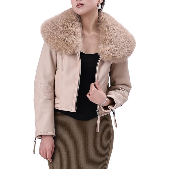 ⚡Women's Beige Faux Leather Jacket Moto Biker Lined Coat Removable Fur Collar - Picture 1 of 5